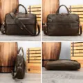 Vintage crazy horse leather mens briefcase multi pocket laptop shoulder business handbag. - Model 5095 / Coffee