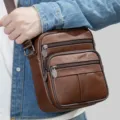 Men's brown genuine leather vertical crossbody bag with multiple zip pockets for daily casual use. - 6108 Brown