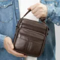 Men leather shoulder bag brown casual crossbody bag multi zipper vertical business bag - 6108 Coffee