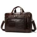 Men's brown crazy horse leather briefcase, vintage business laptop bag with shoulder strap. - Model 7320 (Waxed Leather) / Coffee