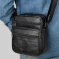Men black genuine leather vertical crossbody shoulder bag with multi-zip pockets and adjustable strap. - 6108 Black