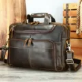 Men's vintage crazy horse leather briefcase, dark brown business laptop handbag with straps. - Model 5085 / Coffee