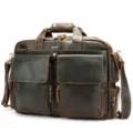 Men's vintage crazy horse leather briefcase, dark brown multi-pocket business shoulder bag. - Model 5096 / Coffee