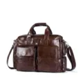 Men genuine leather briefcase vintage business laptop messenger bag brown stylish multi-pocket - Model 8920 (Waxed Leather) / Coffee
