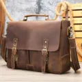 Vintage crazy horse leather men briefcase messenger shoulder bag with metal buckles and handle. - 2009 Style / L / Coffee