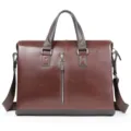 Men's brown leather business briefcase with dual handles and front zipper pocket for office. - Model 5069 / Coffee