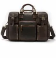 Men's Vintage Crazy Horse Leather Briefcase Multi-Pocket Genuine Leather Business Bag - Model 8812 / Coffee