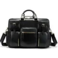 Men's Black Leather Business Briefcase Laptop Bag with Multiple Pockets and Straps - Model 8812 (Waxed Leather) / Black