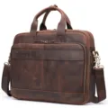 Premium vintage crazy horse leather men briefcase, genuine brown business shoulder bag. - Model 8368 / Coffee
