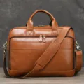 Men's brown leather briefcase vintage business laptop messenger bag with shoulder strap - Model 8368 (Vegetable Tanned Leather) / Brown