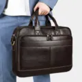 Men's Dark Brown Leather Briefcase Vintage Business Messenger Bag Laptop Handbag with Pockets - Model 8368 (Vegetable Tanned Leather) / Coffee