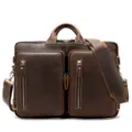 Men's dark brown crazy horse leather briefcase, vintage laptop bag with multiple pockets. - Model 432 / Coffee