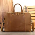 Genuine leather men business briefcase vintage brown crazy horse laptop shoulder handbag - Model 7513 / Coffee