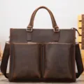 Vintage crazy horse leather men briefcase brown messenger bag with double pockets and handles - Model 7555 / Coffee