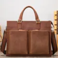 Brown leather briefcase for men with dual front pockets and top handle business bag - Model 7555 / Brown