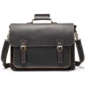 Vintage Dark Brown Genuine Leather Mens Briefcase Messenger Bag with Dual Buckles - Model 5041 / Coffee