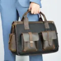 Men vintage crazy horse leather canvas briefcase business laptop handbag with multiple pockets - Model 5047 (Canvas and Leather) / Black