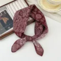 Maroon paisley cotton linen small square scarf, breathable and soft vintage bandana for women. - Porcelain Pattern Bright Flower Red