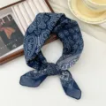 Navy blue cotton linen paisley print square scarf, elegant retro neckerchief for women. - Porcelain Pattern Bright Flower Navy