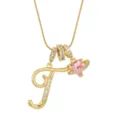 Gold plated letter F necklace with pink heart orb zircon pendant for women chic jewelry - Letter T Heart Planet Necklace (With Stainless Steel Snake Chain) / Gold