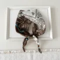 Brown white paisley square scarf women cotton linen neckerchief with wooden beads decor. - Multi-Color Paisley Five-Petal Flower Brown