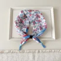 Cotton linen small square floral scarf detail view, elegant neck protection piece for women. - Red Persimmon Beige
