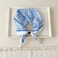 Blue and white floral cotton linen small square scarf neckerchief for women spring autumn wear. - Flying Floral Blue
