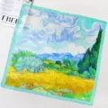 Artistic oil painting style pure silk square scarf with Van Gogh wheat field print for women. - Wheat Field with Cypresses