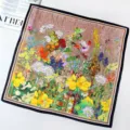 Detailed view of the oil painting floral silk square scarf, featuring vibrant artistic wildflower design. - Oil Painting Garden