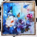 Detailed shot of the elegant pure silk square scarf with vibrant oil painting floral art. - Oil Painting Butterfly and Flower