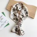 Pañuelo de seda estrecho floral para mujer, elegante cinta twilly retro para cuello bolso pelo. - Peonía Blanca Beige