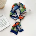 Silk skinny scarf for women, elegant geometric block neck ribbon and chic bag accessory. - Blue Border Geometric