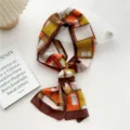 Women's retro geometric print narrow silk scarf, elegant fashion necktie and stylish wrap. - Brown Border Geometric