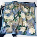 Luxurious oil painting floral silk square scarf, elegant blue white design for stylish women. - Oil Painting Camellia