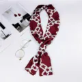 Burgundy narrow silk scarf with white chain pattern, elegant twilly for bags or neck. - Square Chain Red