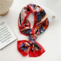 Women's narrow silk scarf stylish long necktie ribbon floral print elegant fashion accessory - Harvest Red Floral