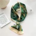 Green gold marble print skinny silk scarf stylish neckerchief elegant hair accessory bow tie - Green Creek Abstract