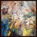 Pure silk square scarf with artistic oil painting floral design for women neckwear. - Blooming