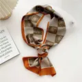 Chic brown houndstooth rose print skinny twilly scarf for women elegant neck ribbon. - Orange Edge Houndstooth Rose