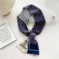 Elegant narrow silk twilly scarf with blue and pink geometric pattern, stylish neckerchief. - Navy Blue Pink Houndstooth