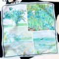 Pure mulberry silk small square scarf with artistic oil painting print, elegant neckerchief accessory. - Patchwork Iris - White and Green