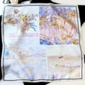 Artistic oil painting style pure mulberry silk square scarf, elegant neck scarf accessory. - Patchwork Iris - Pink and Purple