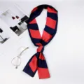 Blue and red striped long narrow silk scarf for women, elegant twilly accessory for bags. - Geometric Long Red