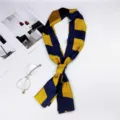 Women navy and gold geometric narrow silk skinny scarf long twilly for bag or neck. - Geometric Long Yellow