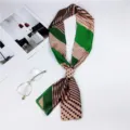 Chic green brown polka dot skinny silk scarf, elegant long twilly for bags or hair styling. - Dots to Lines Green