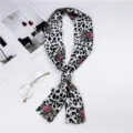 Elegant leopard floral skinny twilly scarf for women handbag handle ribbon neckerchief. - Leopard & Flower White