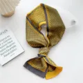 Women yellow grey polka dot skinny silk scarf, stylish vintage spring neckerchief accessory. - Yellow Gray Polka Dot