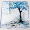 Detailed close-up view of the elegant blue oil painting style mulberry silk square scarf. - Oil Painting Blue Tree