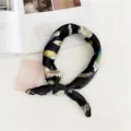 Women small silk square scarf black feather print neckerchief elegant decor accessory - Black Feather