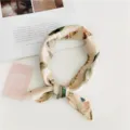 Silk square scarf women small neckerchief feather print elegant spring summer accessory - Beige Feather